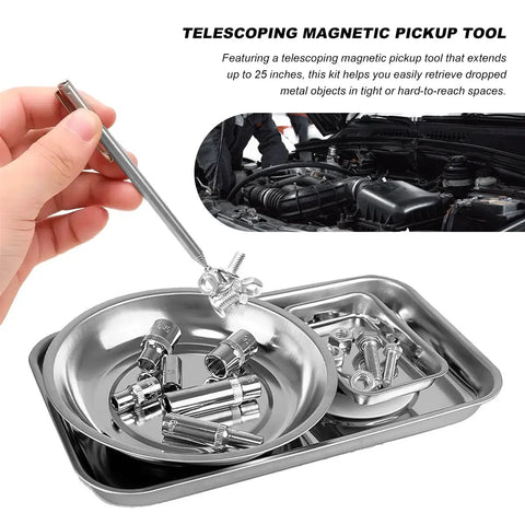Magnetic Tray Set With Telescoping Magnet Pickup Tool 4 Piece Stainless Steel Round And Rectangular Trays for screws nuts bolts