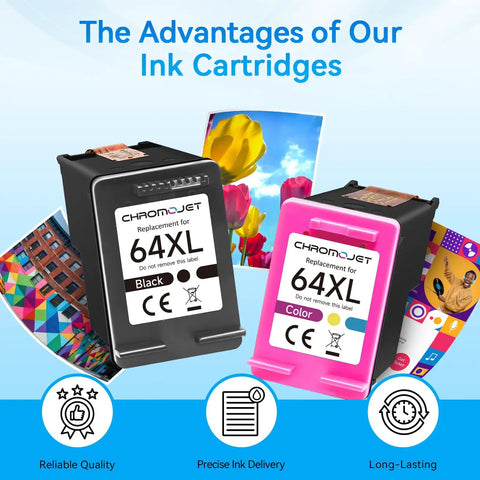64XL Ink Cartridges Black And Color Combo Pack For 64 High Yield Replacement 2 Pack For Envy Inspire and Tango printers displayed.