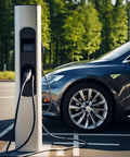 10 Foot 16 Awg 3 Conductor Portable Power Cable SJOOW 300V Electric Cord charging an electric vehicle at a station.