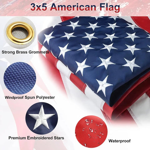 Flag Pole Kit For Outdoor Setup With 3x5 US Flag, 6-Foot Heavy Duty Aluminum Flagpole, Tangle Free 360 Degree Spinning Rings, 45 Degree And 90 Degree Holder, Aluminum Bracket Included, Perfect For Porch, Patio, Deck, Yard, Wall Or Brick, Black