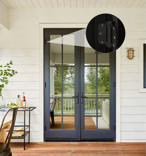 3 Pack Built Tough Self Closing Door Hinges With Smooth Sweep And Five Eighths Radius Corners For Kitchens Bathrooms And Utility Rooms Includes Quick Swap Stainless Steel Mounting Hardware In Matte Black Finish mounted on modern double doors.