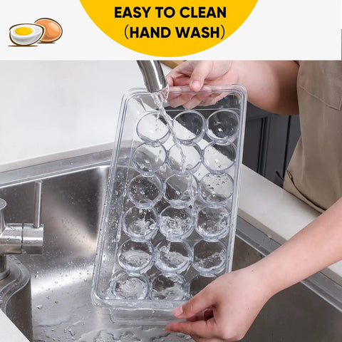 2 Pack Stackable 18 Egg Holder For Refrigerator With Lids being hand-washed, showcasing durable food-grade clear plastic material