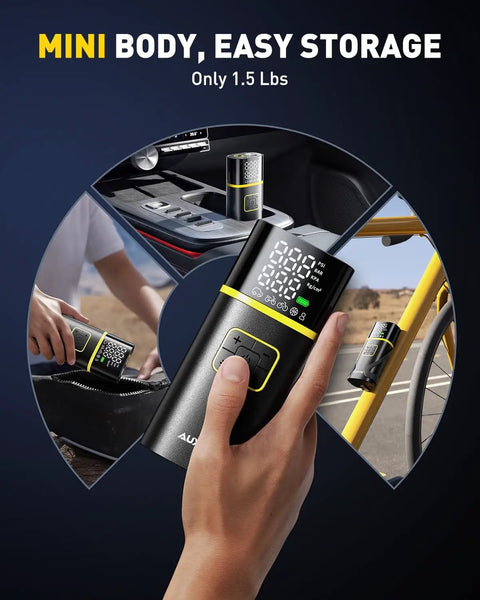 Go To Portable Tire Inflator Air Compressor With Gauge 150 Psi Fast Inflation In Under 1 Minute 5200mAh Power Pack shown in use