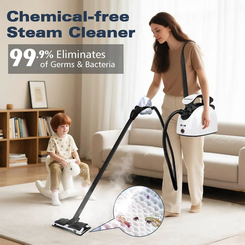 Waitbird 4.5 Bar High Pressure Steam Cleaner With 21-Piece Accessories Kit For Deep Cleaning Grease, Tile, Grout In Kitchen And Bathroom, used by woman.