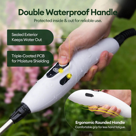 Close-up of ergonomic handle on 2 Gallon Battery Powered Sprayer With Automatic Pump, 2200mAh Battery showing waterproof features.