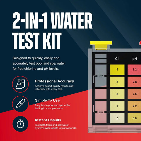 2-in-1 water test kit for pools and spas checking free chlorine and pH levels, designed for easy home use, reveals instant results.