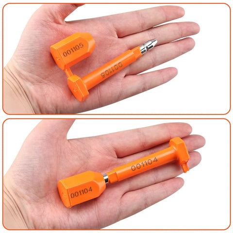 Rock Solid Shipping Container Bolt Seals 100 Pack Orange Steel Core Locks on hand showing numbers 001105 and 001104 for cargo security.