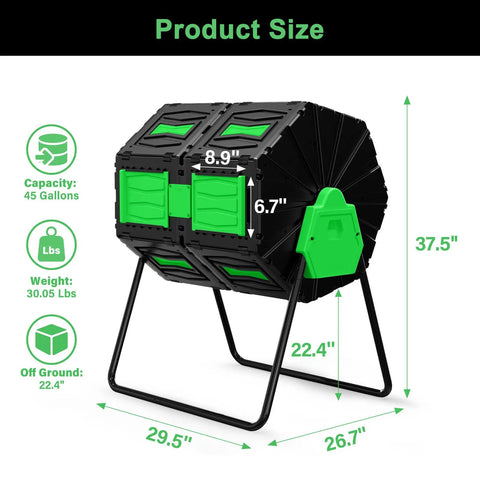 Rotating Dual Chamber Compost Bin With No Fuss Assembly And Fast Efficient Outdoor Composting For Yard Kitchen And Garden Waste 45 Gallon 170 Liter Capacity Green Door Ideal For Food Scraps Coffee Grounds Lawn Clippings And Garden Waste In Any Climate