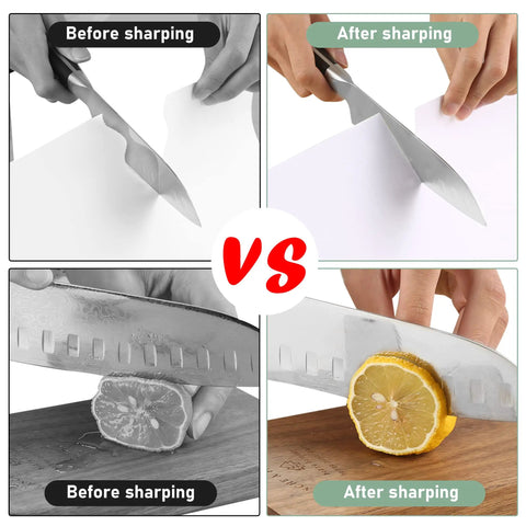 Image showing before and after effects of using Pro Grade Double Sided Whetstone Knife Sharpening Kit with a knife and lemon.