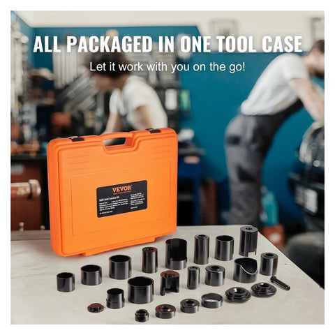 Hella Durable Ball Joint Press Kit With Robust C Frame Design For Smooth Suspension Repairs includes various black tools in orange case.