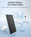 Rugged 2K Wireless Solar Security Camera For Outdoor Home Monitoring Powers Up With A Heavy Duty 5000mAh Battery showing adjustable solar panel and cable.