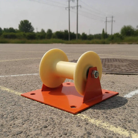 Heavy Duty Cable Guide Wheel With Ground Mount Steel Support Bracket And Slick Aluminum Pulley Roller for wire routing on a concrete surface.
