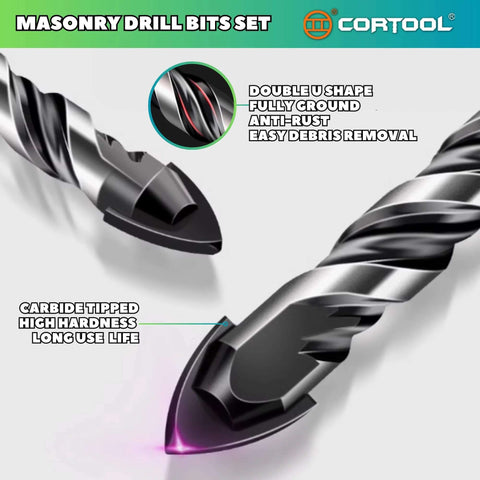 Masonry drill bits set, Cortool, carbide tipped, 12-piece, sizes 1/8–1/2 in for tile, brick, cement