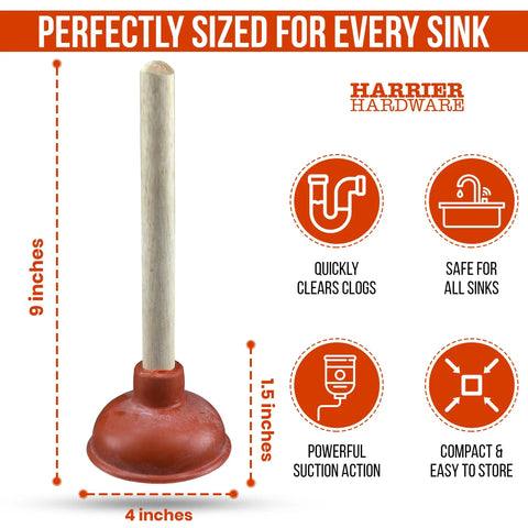 No Problem Small Sink Plunger With Four Inch Cup Straight Shooter Drain Tool For Bathroom Kitchen Clogs And Rv Vanities Space Saving Hand Pump Cleans Tight Spaces Like A Charm, 9 inches long, 4 inch cup.