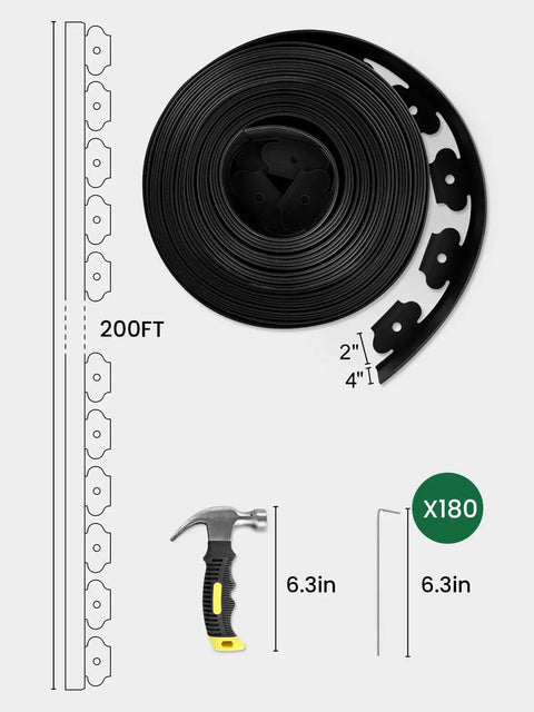 All In One Garden Edging Kit With 200 Ft Flexible 4 Inch Tall Border 180 Galvanized Steel Spikes And Hammer No Tools Needed