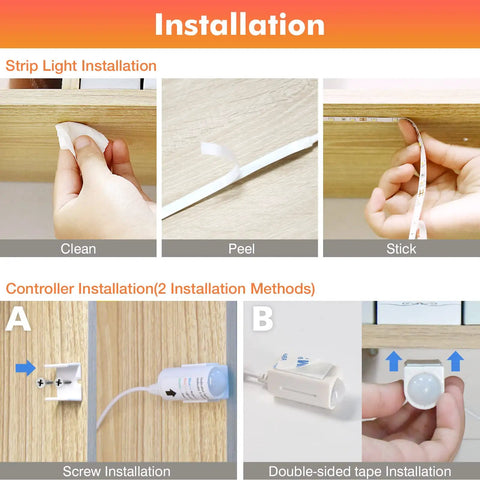 Installation steps for LED Strip Lights With Motion Sensor Remote And Adapter 16.4ft Warm White 3000K, including cleaning, peeling, and sticking.