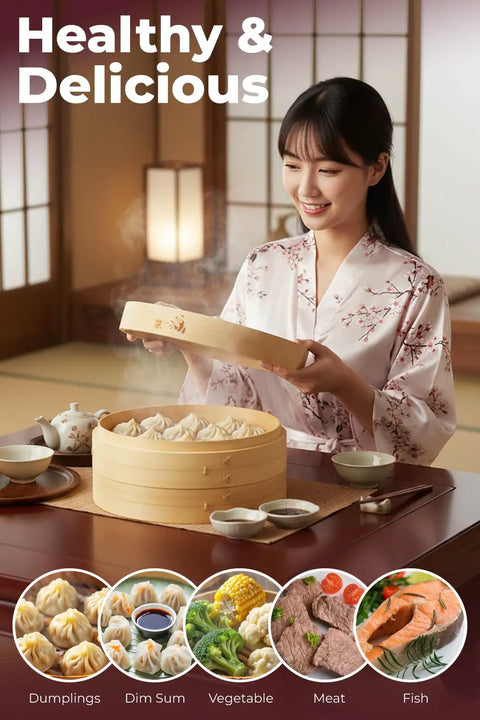 A woman with an 8 Inch Bamboo Steamer Basket With 50 Liners, Organic Kitchen Workhorse For Veggies Rice Dim Sum, preparing dumplings.
