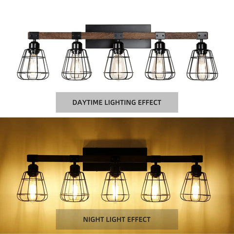 Five Light Farmhouse Vanity Light With Black Wood And Metal Cage For Bathroom Over Mirror, daytime and night view