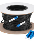 Heavy Duty 2 Core Single Mode LC To LC Armored Fiber Optic Cable 500 Feet on a spool for seamless connectivity.
