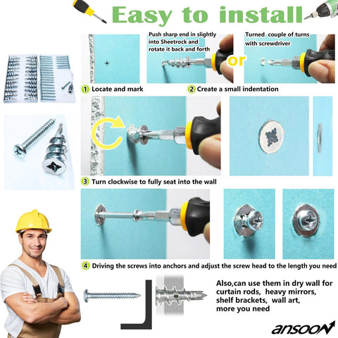 Installation process for Zinc Self Drilling Drywall Anchors With Screws Kit; showing steps to secure in gypsum board.