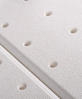Close-up of textured white seat with drainage holes for Bathtub Transfer Bench With Back Wide 24 By 15 Inch Seat Five Level Height Adjustment.