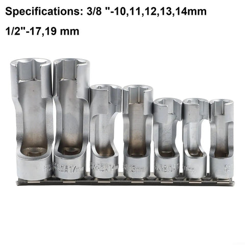 Diesel Injector And Fuel Line Socket Set With Slotted Open End Design For Hard To Reach Nuts Three Eighths Inch Drive And One Half Inch Drive Ten To Nineteen Millimeter Range Seven Piece Silver Metal Tool Kit For The Garage displayed in a line