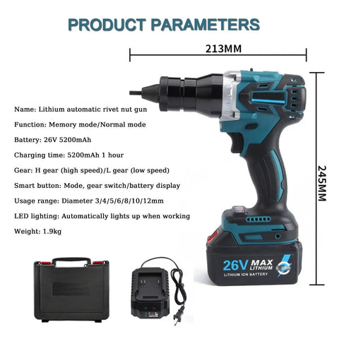 Brushless Cordless Rivet Nut Tool Electric Pull Riveter Gun With M3 To M12 Threads, showing dimensions and battery specs.