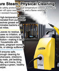 Heavy Duty Steam Cleaner With 3.5L Large Tank Delivers 230F Hot Vapor And 4-5 Bar Pressure For Tough Grease Removal on Kitchen, Car Interiors, Carpets and AC Using Six Versatile Cleaning Accessories For Spotless Results with steam nozzle spraying grease.