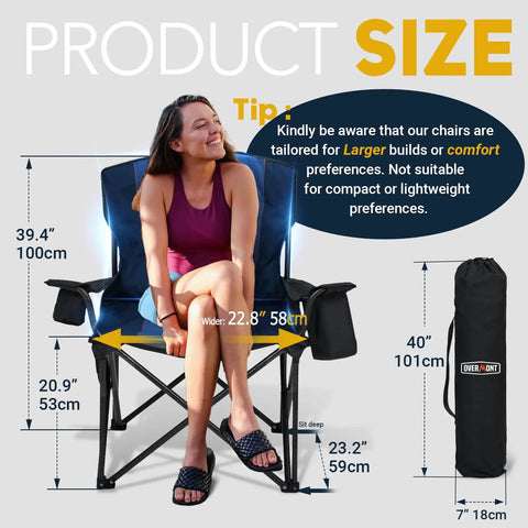 Oversized Folding Camping Chair With 500 Lbs Support, Padded Cushion And Built-In Cooler Pockets, product dimensions guide