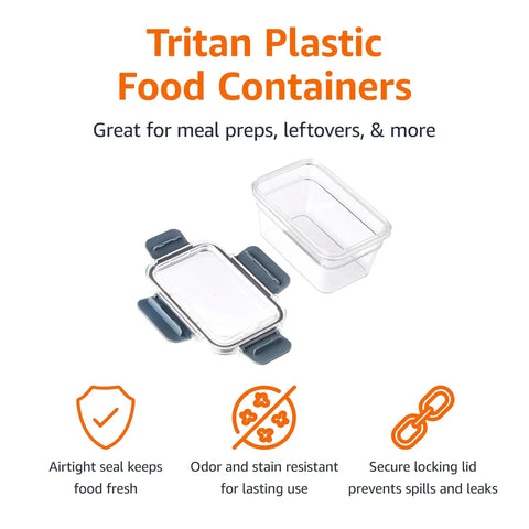 Tritan Plastic Food Storage Containers With Airtight Locking Lids That Seal Super Tight And Leak Proof For Easy Meal Prep And Storing Leftovers In A Handy 22 Piece Clear Set, shown with secure lid.