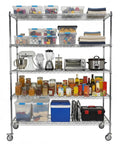 Heavy Duty Metal Wire Shelving Rack With Smooth Rolling Casters And 550 Lb Load Capacity built like a tank holding various containers and kitchen items.