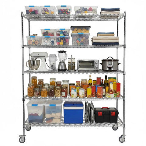 Heavy Duty Metal Wire Shelving Rack With Smooth Rolling Casters And 550 Lb Load Capacity built like a tank holding various containers and kitchen items.