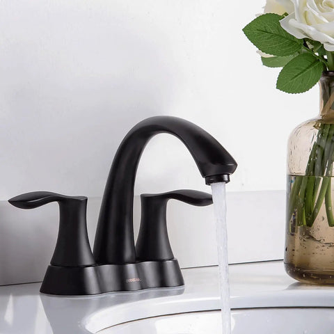 Matte Black 4 Inch Centerset Bathroom Faucet With Two Handles Pop Up Drain And Supply Lines Solid Brass Construction No Fuss Install Spot Resistant Finish ADA NSF cUPC Certified showing running water
