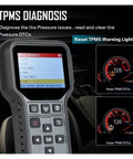 Universal TPMS Relearning Scanner Featuring Slick 315 433 MHz Activation And Easy Programming for TPMS DTCs diagnosis display.