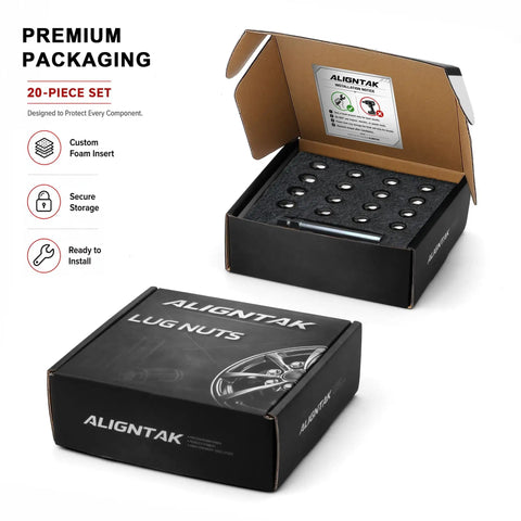 Top Tier Chrome Lug Nuts 20 Pack M12x1.25 Thread 6 Spline Closed End 36Mm Length in premium packaging with custom foam insert.