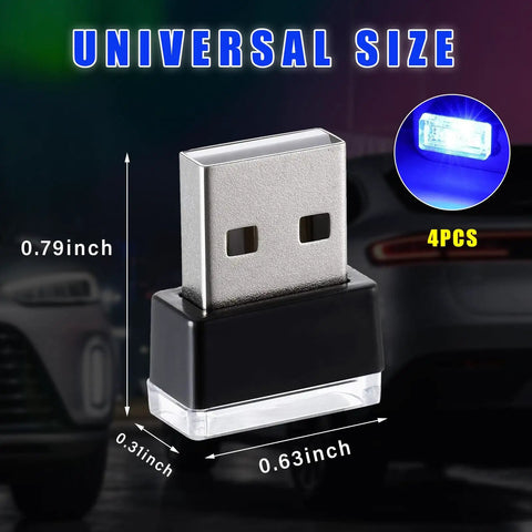 USB Car Interior Atmosphere Light Kit, 4 Pack Plug In Ambient LED Night Lamps For Most Cars, blue USB light dimensions