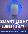 Plug In Flying Insect Trap For Fruit Flies And Gnats Using Blue And Uv Light With Zero Mess Adhesive Cartridge, mounted in a wall socket.