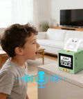Child animatedly speaking into Portable AI Voice Sticker Printer With Bright HD Display, Ink Free Thermal Art Maker For Kids, Speak To Draw Rad Graphics, Grab And Go Awesome Gadgets, Zero Mess Quick Print Stationery For School.