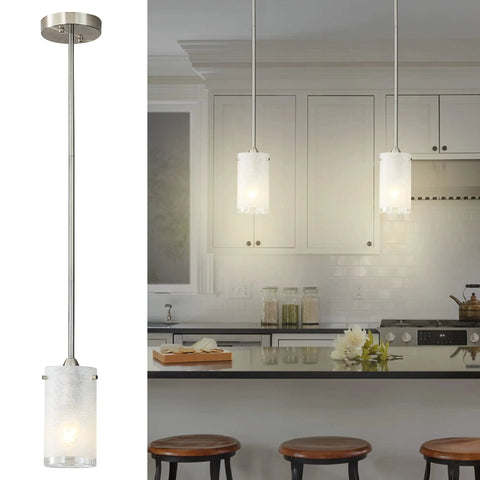 One Light Mini Pendant With White Frosted Shade, Brushed Nickel Finish, Sleek Modern Chandelier For Kitchen Island