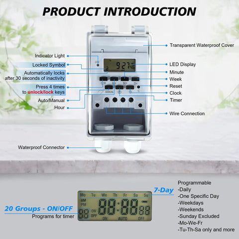 Rock Solid Heavy Duty Waterproof Programmable Timer Switch For Indoor And Outdoor Use Controls Christmas Lights Fountains Aerators With Plug And Play Schedule Setup with LED display and waterproof cover.