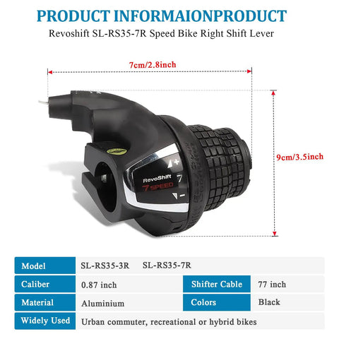 Right Hand Shift Lever For 3 To 7 Speed Bicycles With Twist Grip Gear Shifter SL RS35, black, aluminum, dimensions shown.