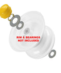 Straight Shooting Front Wheel Bearing Hardware Rebuild Kit Featuring Premium Hub Caps Heat Hardened Washers And Drop Right In Clips Built Tough For John Deere Lt Series Lawn Tractor Equipment with white wheel and yellow hub cap.