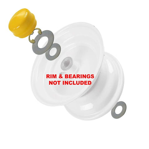 Straight Shooting Front Wheel Bearing Hardware Rebuild Kit Featuring Premium Hub Caps Heat Hardened Washers And Drop Right In Clips Built Tough For John Deere Lt Series Lawn Tractor Equipment with white wheel and yellow hub cap.