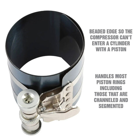 Adjustable Piston Ring Compressor Tool Fits 3.5 To 7 Inch Pistons With Spring Steel Body and quarter inch drive adjuster