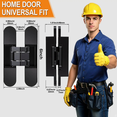 Six Inch Hidden Door Hinges Rock Solid Zinc Alloy Concealed Hardware shown with dimensions and a worker in gloves.