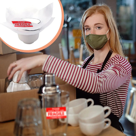 Heavy Duty Foam Packing Sheets For Moving And Shipping With Extra Fragile Labels used for protecting dishes in a packing box.