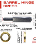Heavy Duty Weldable Bullet Hinge Measures 6 Point 24 Inches By 0.979 Wide Rock Solid Steel Barrel Pivot specs showing dimensions.