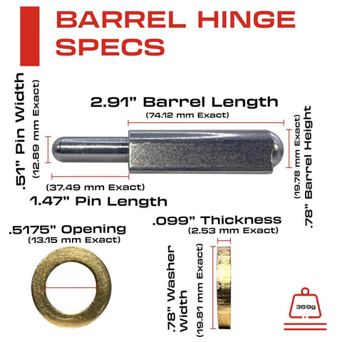 Heavy Duty Weldable Bullet Hinge Measures 6 Point 24 Inches By 0.979 Wide Rock Solid Steel Barrel Pivot specs showing dimensions.
