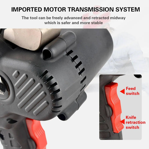 Close-up of Electric Ratchet Cable Cutter With Battery Powered Hydraulic Cutting For Copper And Aluminum Cables showcasing motor and switches.