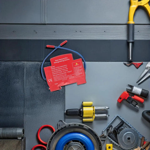 Slick Automatic Aerosol Fire Extinguisher With Smart Sensor Detection on workbench with tools and equipment.